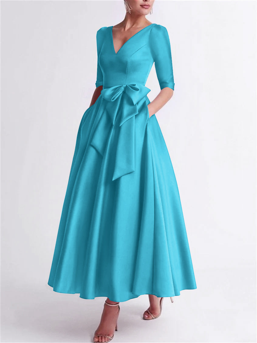 A Line Princess V Neck 3 4 Length Sleeve Tea Length Satin Mother Of The Bride Dresses With Bow S