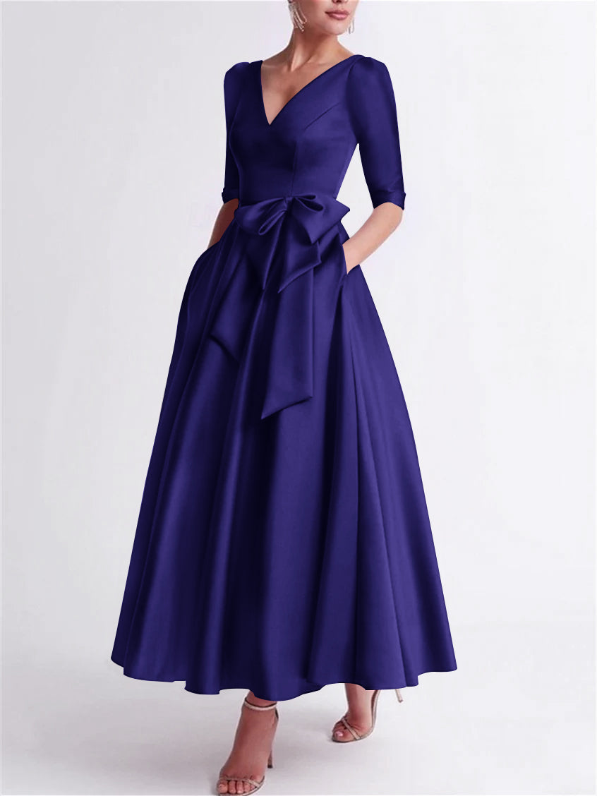 A Line Princess V Neck 3 4 Length Sleeve Tea Length Satin Mother Of The Bride Dresses With Bow S