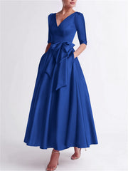A Line Princess V Neck 3 4 Length Sleeve Tea Length Satin Mother Of The Bride Dresses With Bow S
