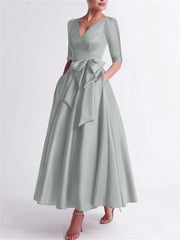 A Line Princess V Neck 3 4 Length Sleeve Tea Length Satin Mother Of The Bride Dresses With Bow S