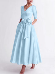 A Line Princess V Neck 3 4 Length Sleeve Tea Length Satin Mother Of The Bride Dresses With Bow S