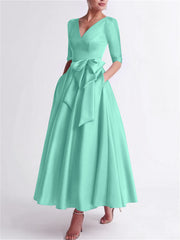 A Line Princess V Neck 3 4 Length Sleeve Tea Length Satin Mother Of The Bride Dresses With Bow S