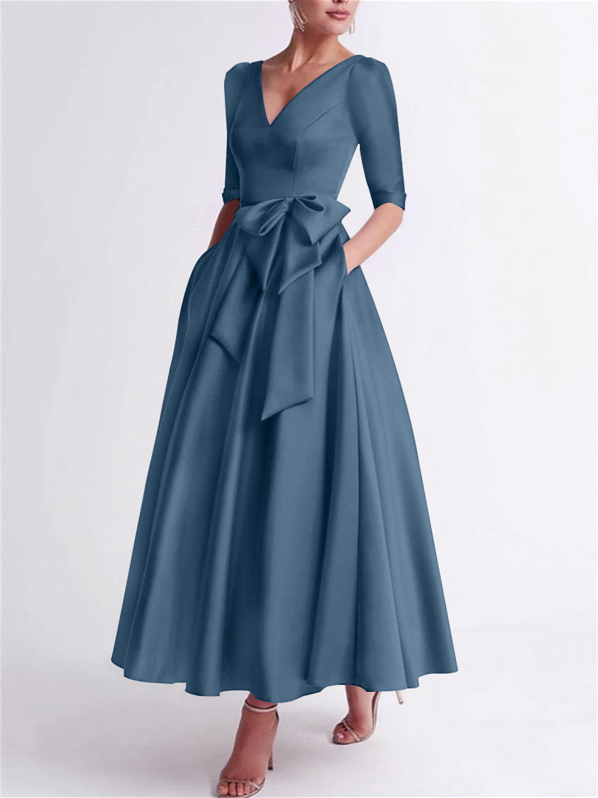 A Line Princess V Neck 3 4 Length Sleeve Tea Length Satin Mother Of The Bride Dresses With Bow S