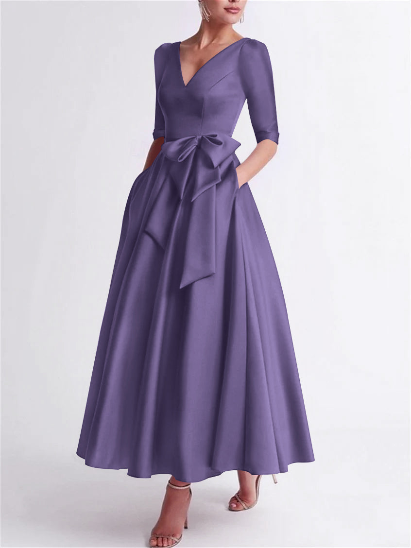 A Line Princess V Neck 3 4 Length Sleeve Tea Length Satin Mother Of The Bride Dresses With Bow S