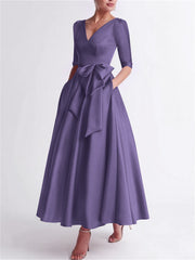 A Line Princess V Neck 3 4 Length Sleeve Tea Length Satin Mother Of The Bride Dresses With Bow S