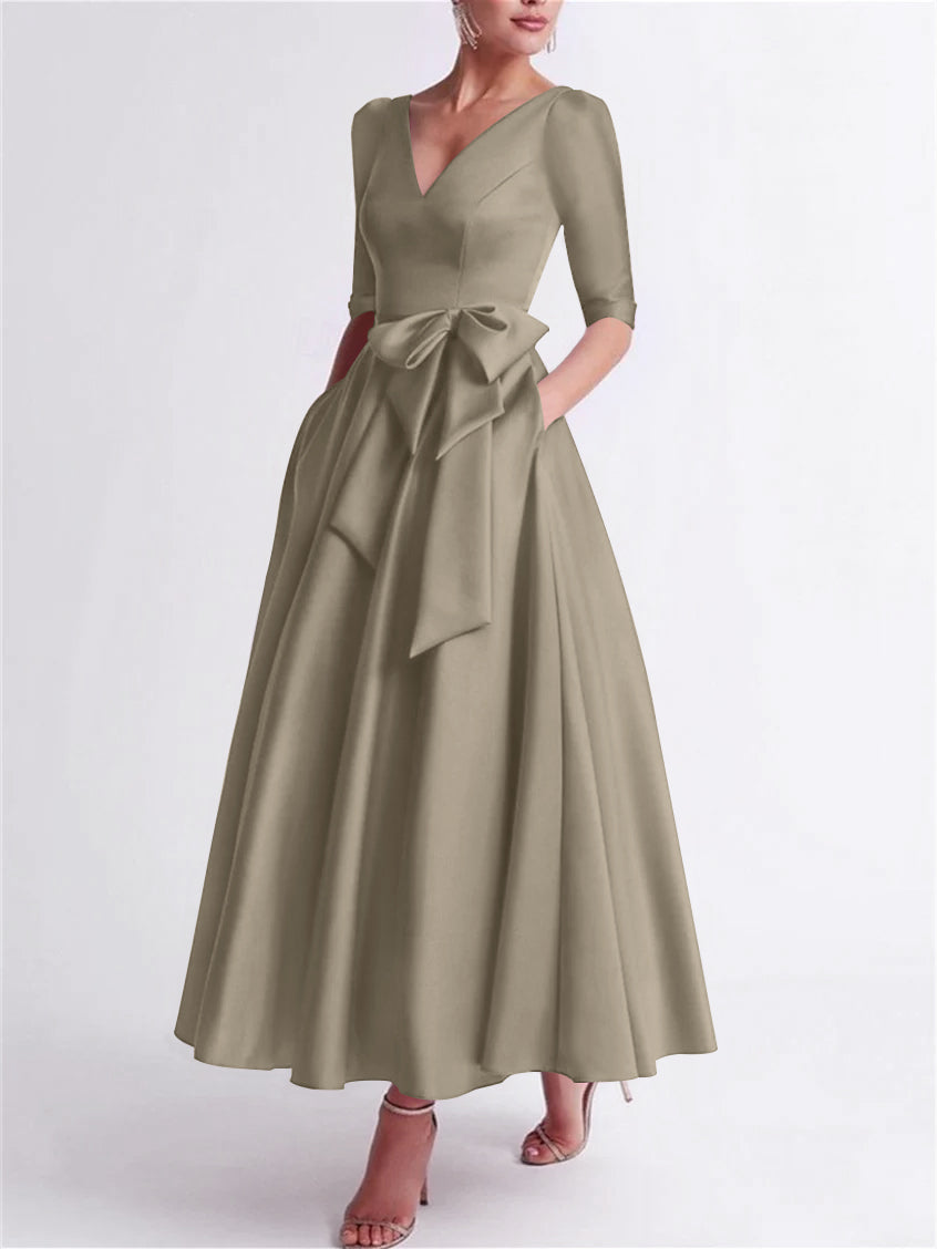 A Line Princess V Neck 3 4 Length Sleeve Tea Length Satin Mother Of The Bride Dresses With Bow S