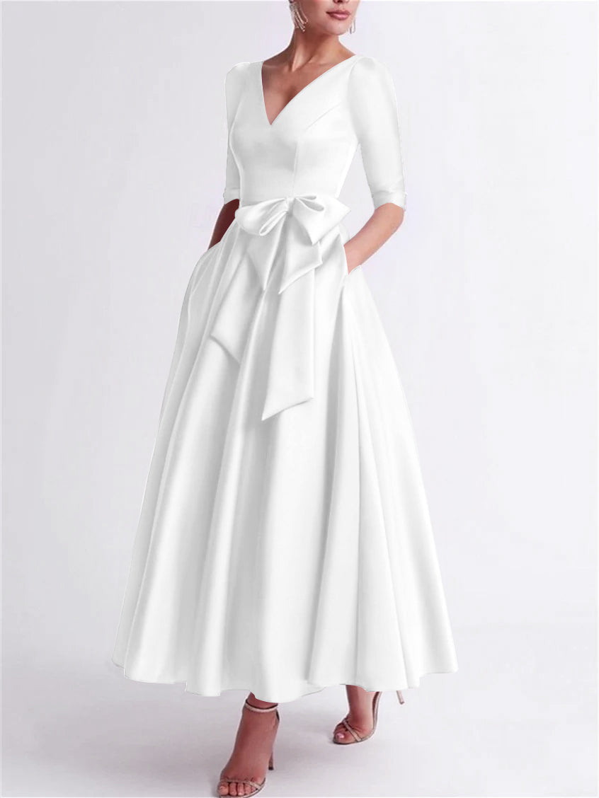 A Line Princess V Neck 3 4 Length Sleeve Tea Length Satin Mother Of The Bride Dresses With Bow S