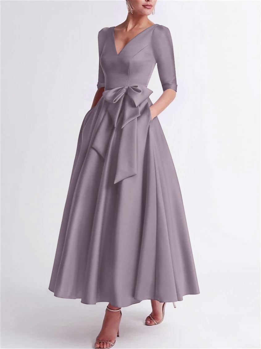 A Line Princess V Neck 3 4 Length Sleeve Tea Length Satin Mother Of The Bride Dresses With Bow S