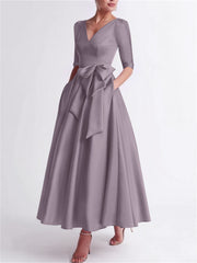 A Line Princess V Neck 3 4 Length Sleeve Tea Length Satin Mother Of The Bride Dresses With Bow S