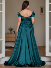 Sheath Column Off The Shoulder Sleeveless Floor Length Plus Size Mother Of The Bride Dresses With Split Side