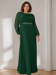 A Line Princess Scoop Long Sleeves Floor Length Plus Size Mother Of The Bride Dresses With Beaded Pleated Cascading Ruffles