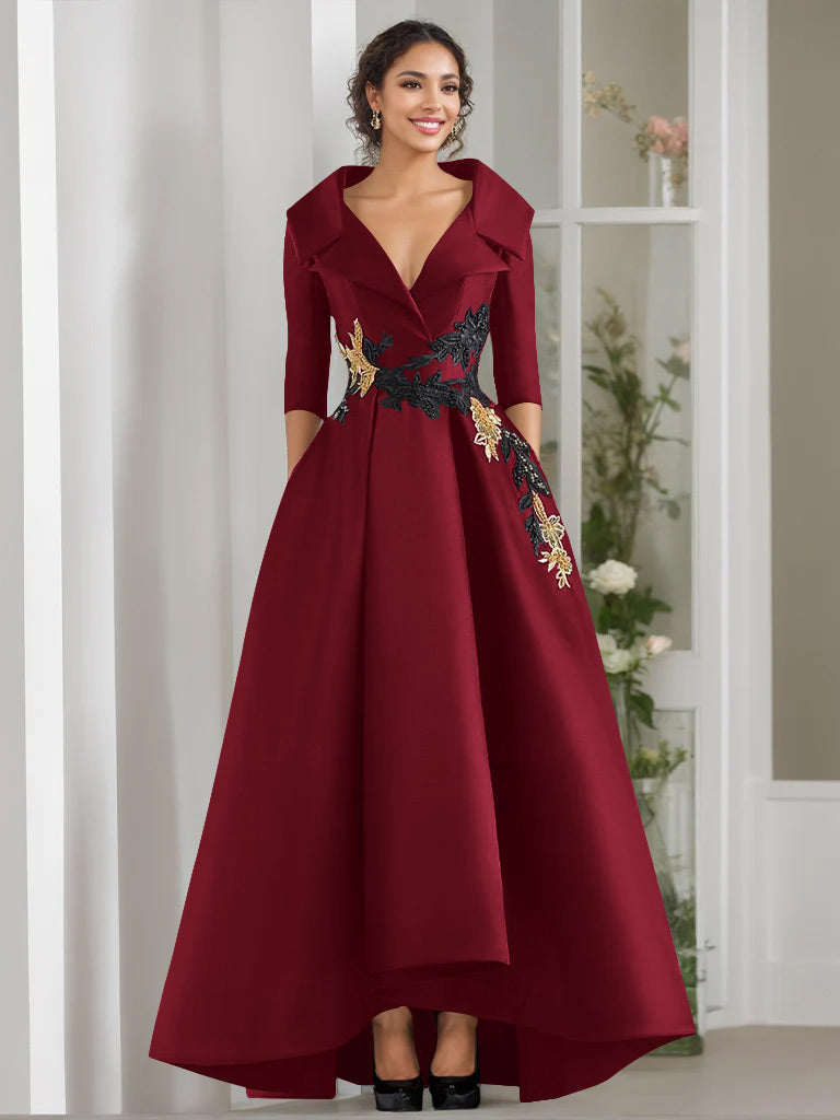 A Line Princess V Neck 3 4 Sleeves Floor Length Mother Of The Bride Dresses With Appliques Beading