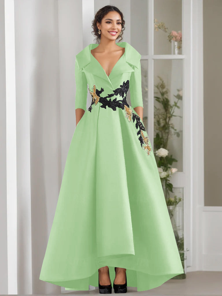 A Line Princess V Neck 3 4 Sleeves Floor Length Mother Of The Bride Dresses With Appliques Beading