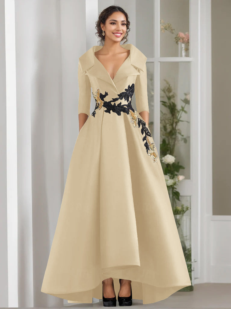A Line Princess V Neck 3 4 Sleeves Floor Length Mother Of The Bride Dresses With Appliques Beading