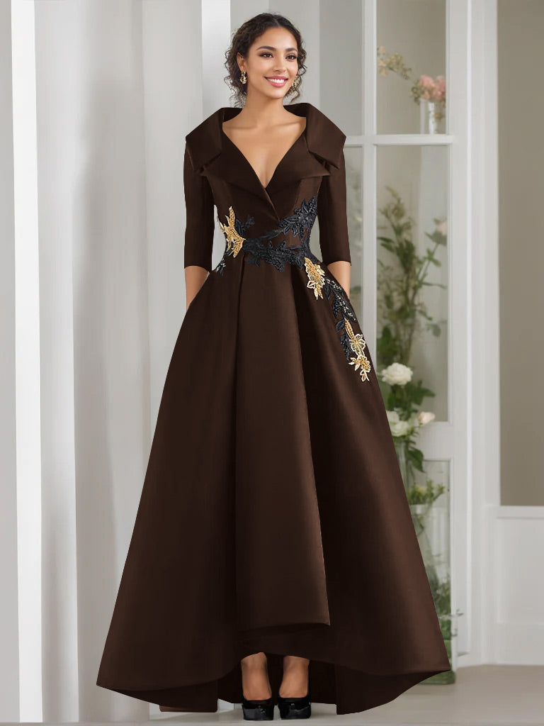 A Line Princess V Neck 3 4 Sleeves Floor Length Mother Of The Bride Dresses With Appliques Beading