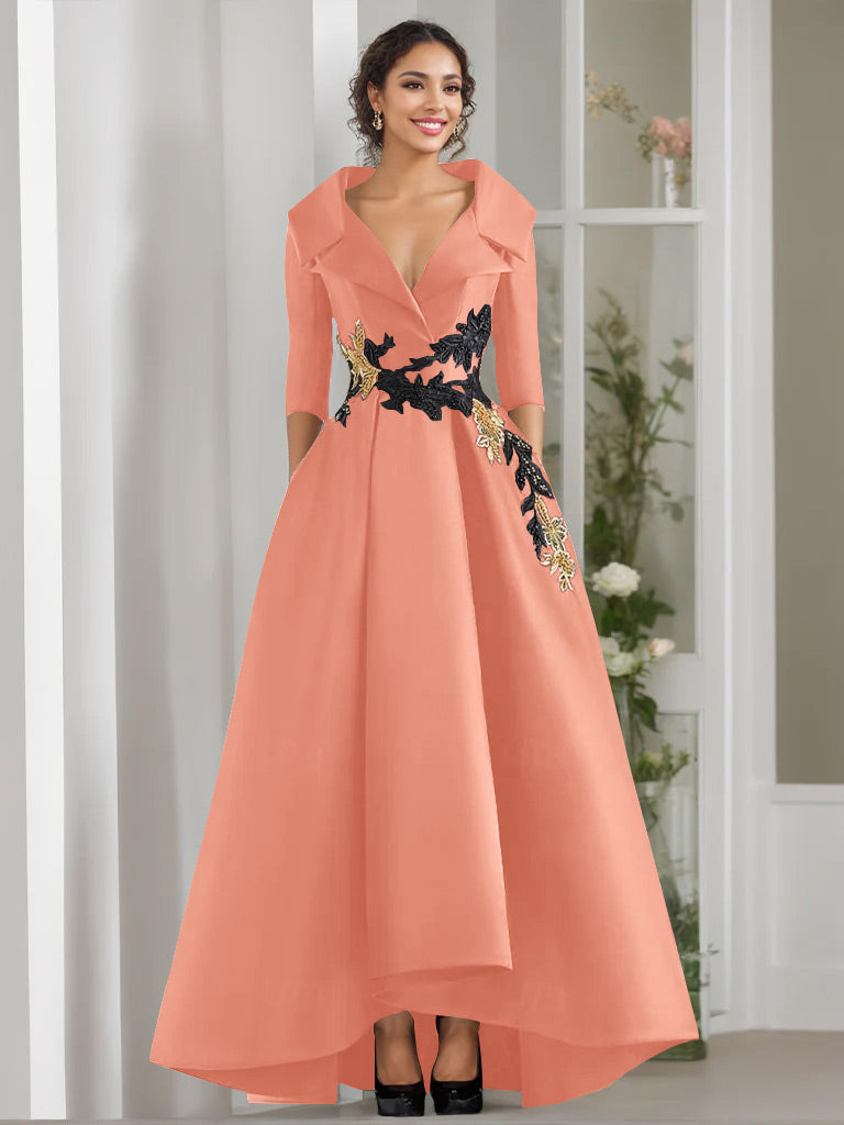 A Line Princess V Neck 3 4 Sleeves Floor Length Mother Of The Bride Dresses With Appliques Beading