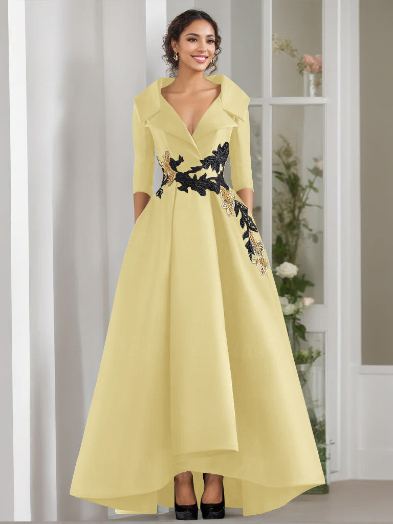 A Line Princess V Neck 3 4 Sleeves Floor Length Mother Of The Bride Dresses With Appliques Beading