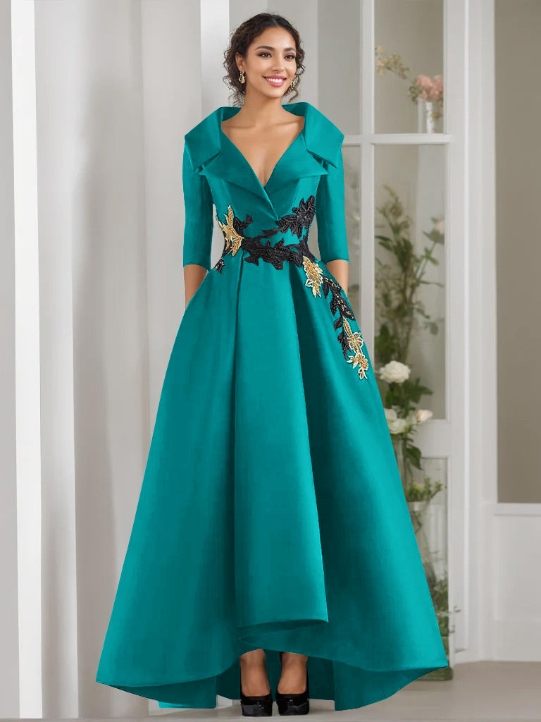 A Line Princess V Neck 3 4 Sleeves Floor Length Mother Of The Bride Dresses With Appliques Beading