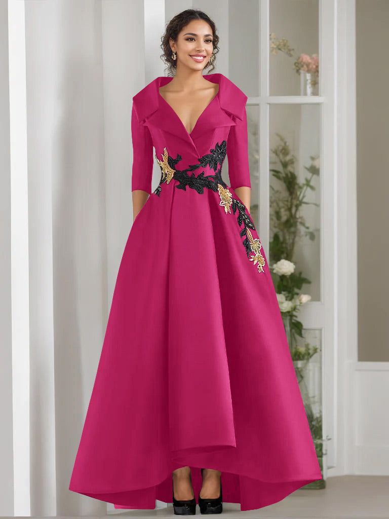 A Line Princess V Neck 3 4 Sleeves Floor Length Mother Of The Bride Dresses With Appliques Beading