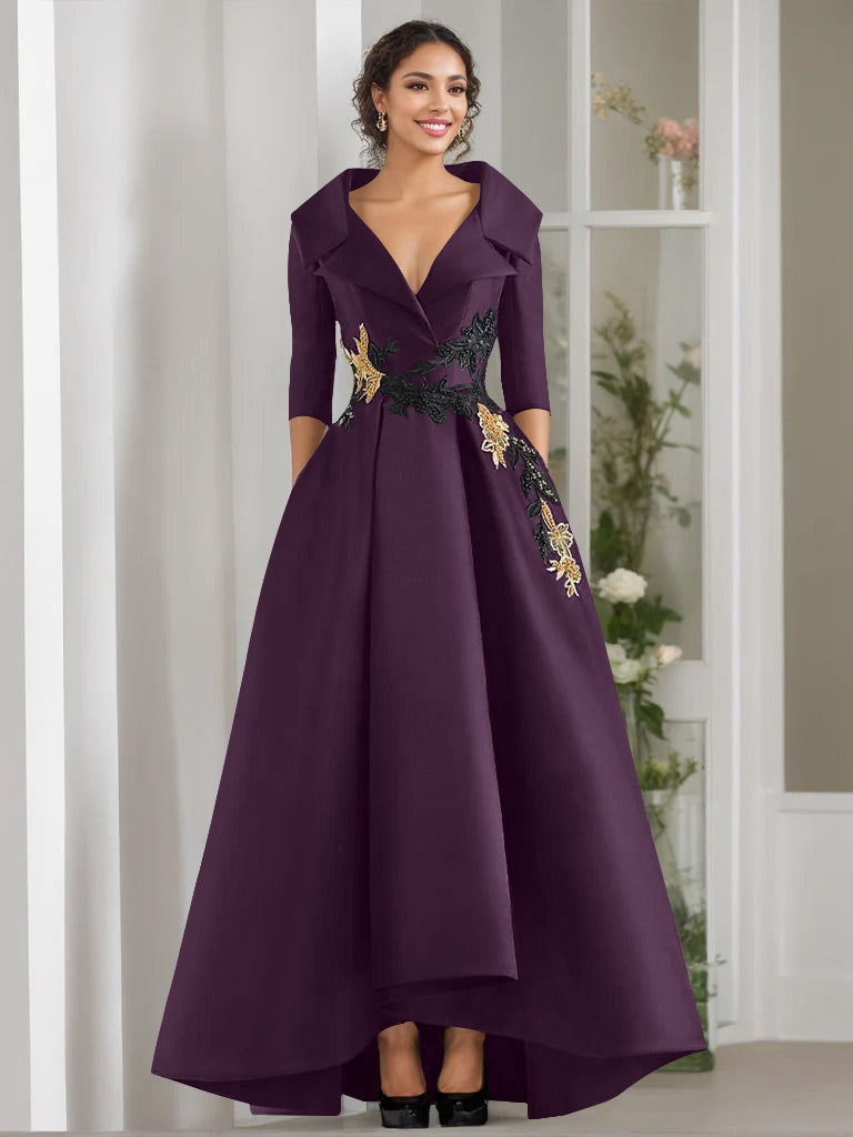 A Line Princess V Neck 3 4 Sleeves Floor Length Mother Of The Bride Dresses With Appliques Beading