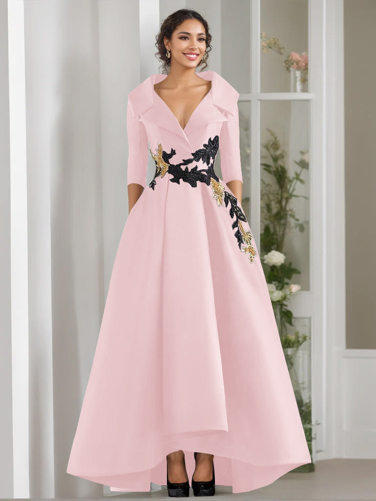 A Line Princess V Neck 3 4 Sleeves Floor Length Mother Of The Bride Dresses With Appliques Beading