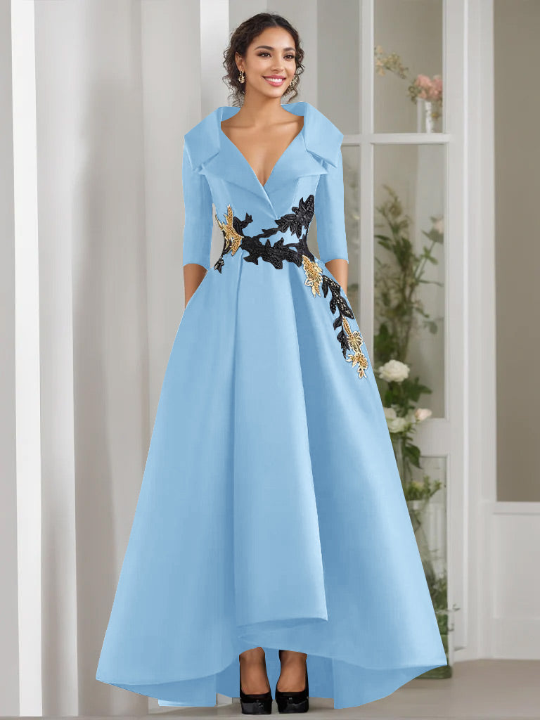 A Line Princess V Neck 3 4 Sleeves Floor Length Mother Of The Bride Dresses With Appliques Beading