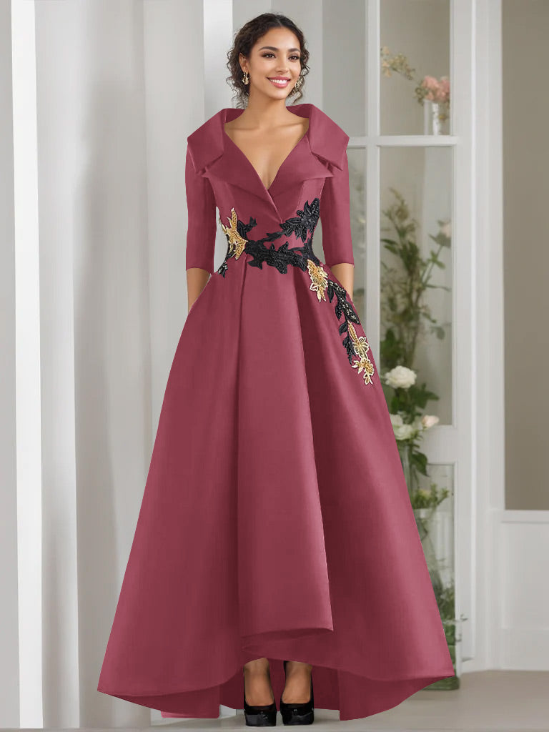 A Line Princess V Neck 3 4 Sleeves Floor Length Mother Of The Bride Dresses With Appliques Beading