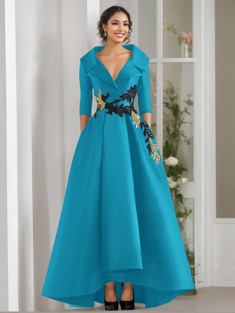 A Line Princess V Neck 3 4 Sleeves Floor Length Mother Of The Bride Dresses With Appliques Beading