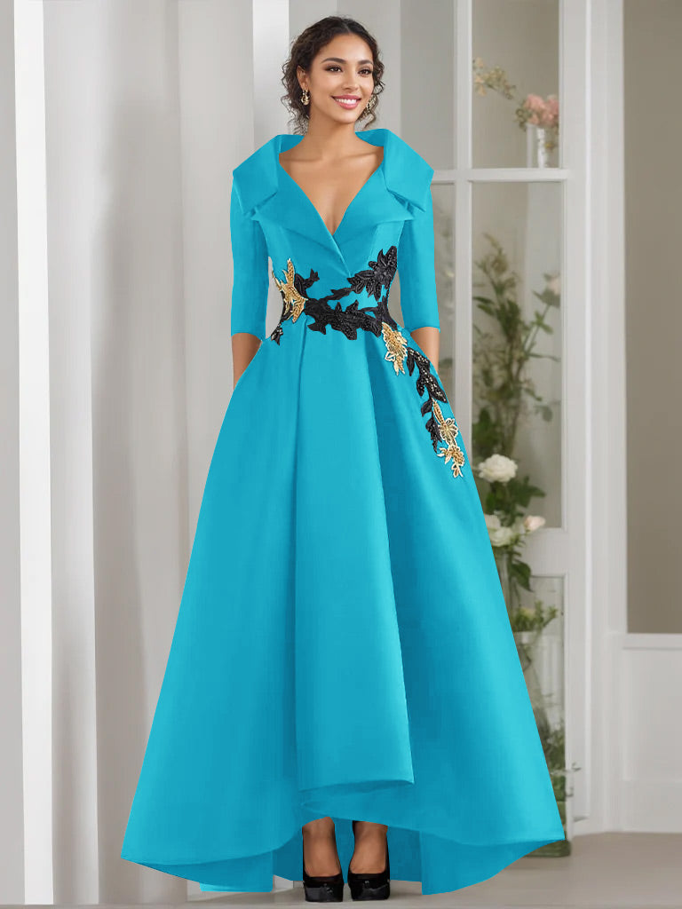 A Line Princess V Neck 3 4 Sleeves Floor Length Mother Of The Bride Dresses With Appliques Beading