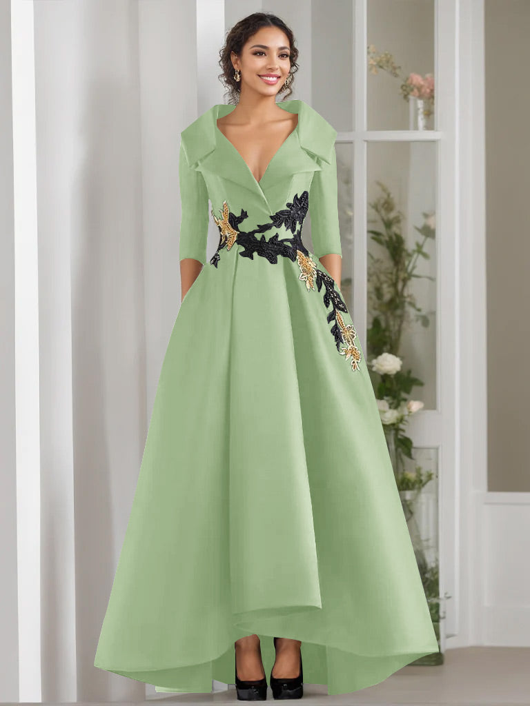 A Line Princess V Neck 3 4 Sleeves Floor Length Mother Of The Bride Dresses With Appliques Beading