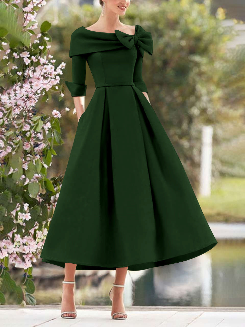 A Line Princess Cowl Neck Bow S 3 4 Sleeves Tea Length Elegant Mother Of The Bride Groom Dresses