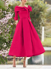 A Line Princess Cowl Neck Bow S 3 4 Sleeves Tea Length Elegant Mother Of The Bride Groom Dresses