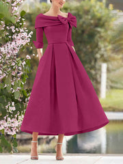 A Line Princess Cowl Neck Bow S 3 4 Sleeves Tea Length Elegant Mother Of The Bride Groom Dresses