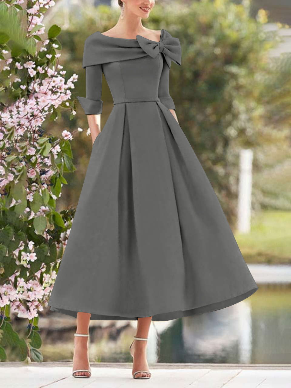 A Line Princess Cowl Neck Bow S 3 4 Sleeves Tea Length Elegant Mother Of The Bride Groom Dresses