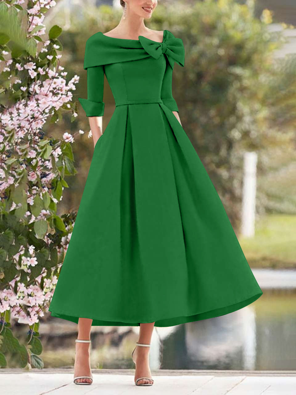 A Line Princess Cowl Neck Bow S 3 4 Sleeves Tea Length Elegant Mother Of The Bride Groom Dresses