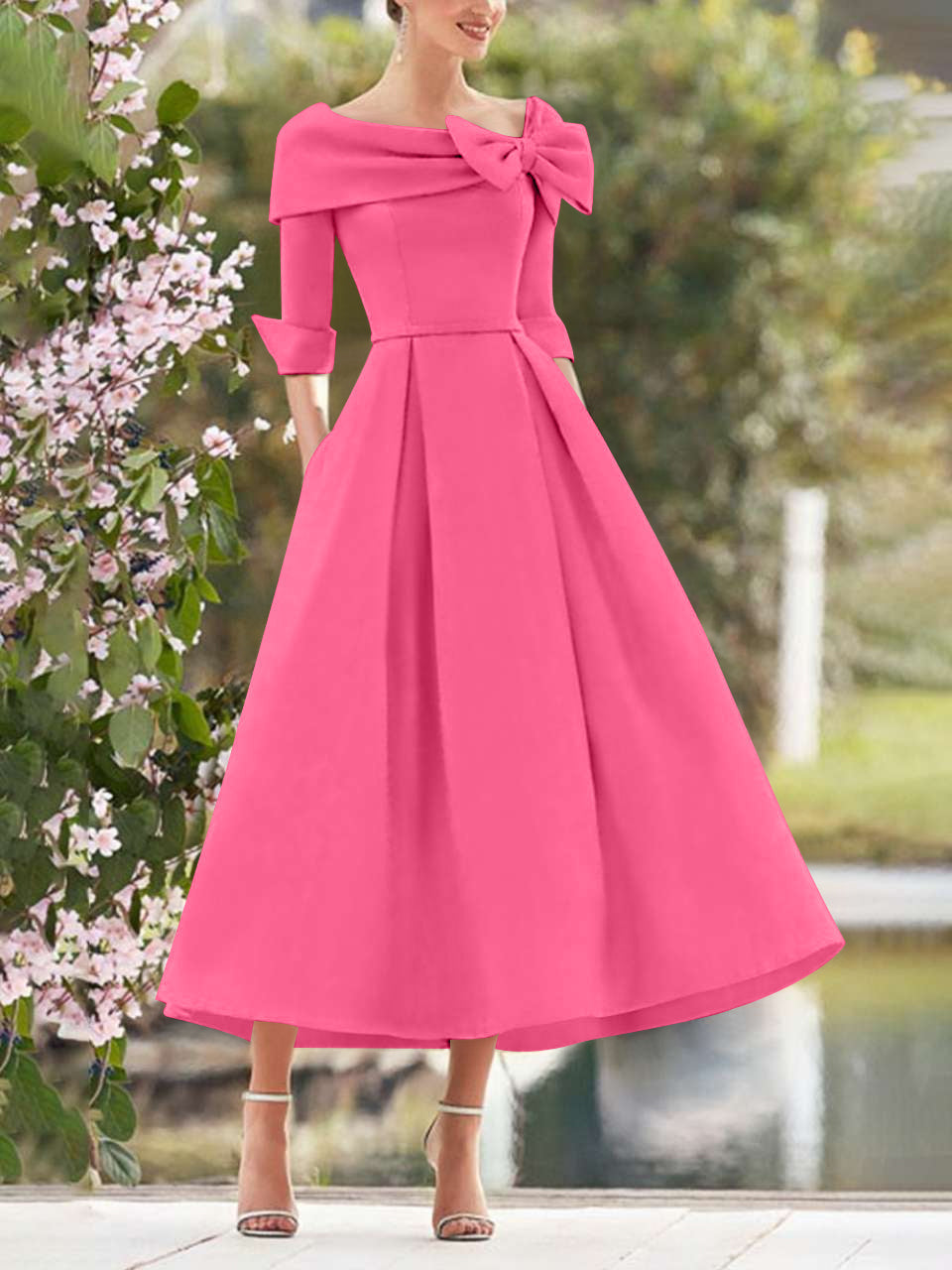 A Line Princess Cowl Neck Bow S 3 4 Sleeves Tea Length Elegant Mother Of The Bride Groom Dresses