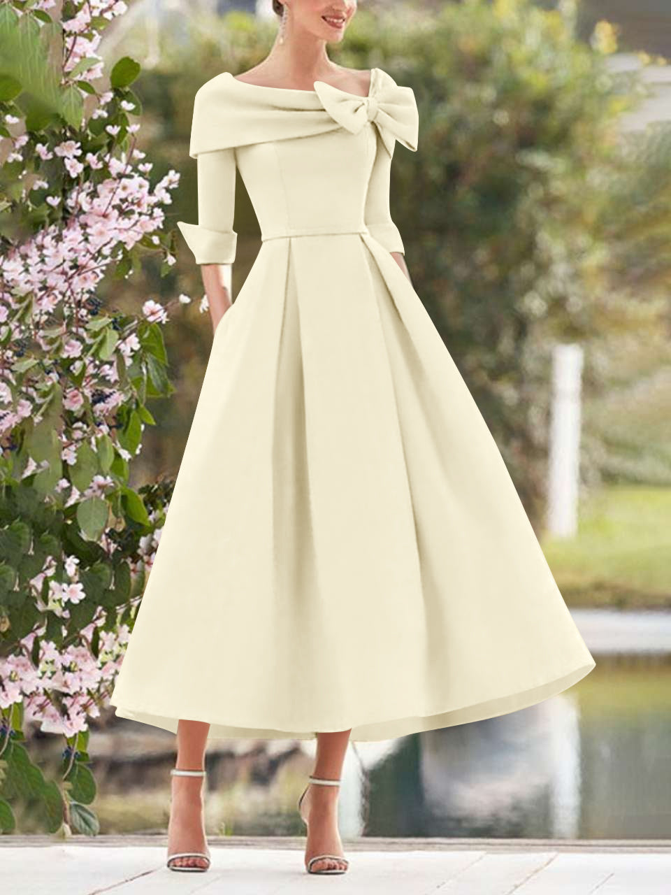 A Line Princess Cowl Neck Bow S 3 4 Sleeves Tea Length Elegant Mother Of The Bride Groom Dresses