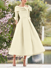 A Line Princess Cowl Neck Bow S 3 4 Sleeves Tea Length Elegant Mother Of The Bride Groom Dresses