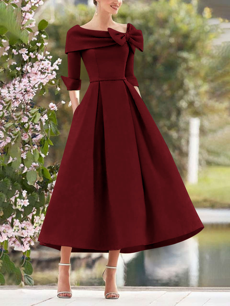 A Line Princess Cowl Neck Bow S 3 4 Sleeves Tea Length Elegant Mother Of The Bride Groom Dresses