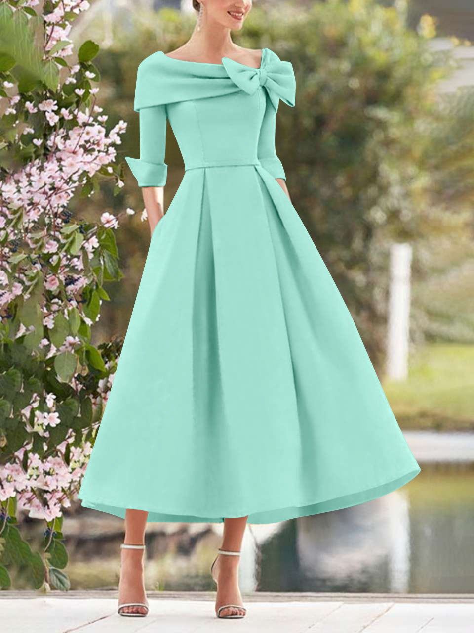 A Line Princess Cowl Neck Bow S 3 4 Sleeves Tea Length Elegant Mother Of The Bride Groom Dresses