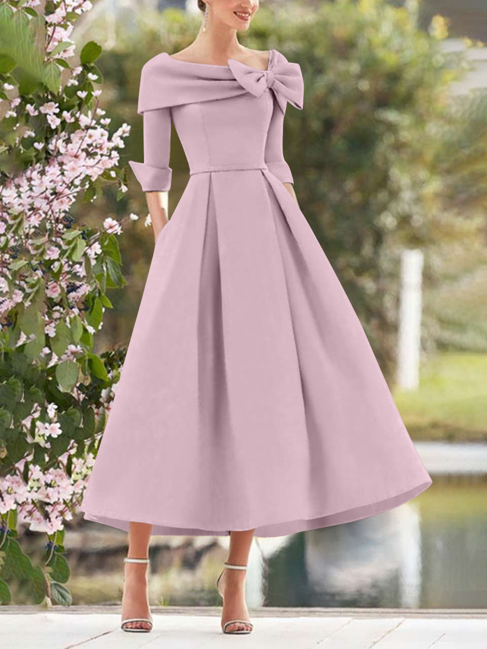A Line Princess Cowl Neck Bow S 3 4 Sleeves Tea Length Elegant Mother Of The Bride Groom Dresses