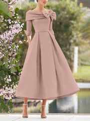 A Line Princess Cowl Neck Bow S 3 4 Sleeves Tea Length Elegant Mother Of The Bride Groom Dresses