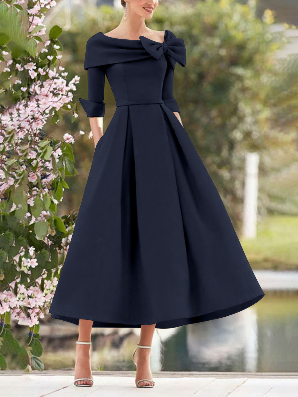 A Line Princess Cowl Neck Bow S 3 4 Sleeves Tea Length Elegant Mother Of The Bride Groom Dresses