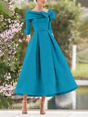 A Line Princess Cowl Neck Bow S 3 4 Sleeves Tea Length Elegant Mother Of The Bride Groom Dresses