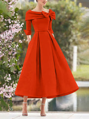 A Line Princess Cowl Neck Bow S 3 4 Sleeves Tea Length Elegant Mother Of The Bride Groom Dresses