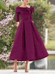 A-Line/Princess Cowl Neck Bow(s) 3/4 Sleeves Tea Length Elegant Mother of the Bride & Groom Dresses