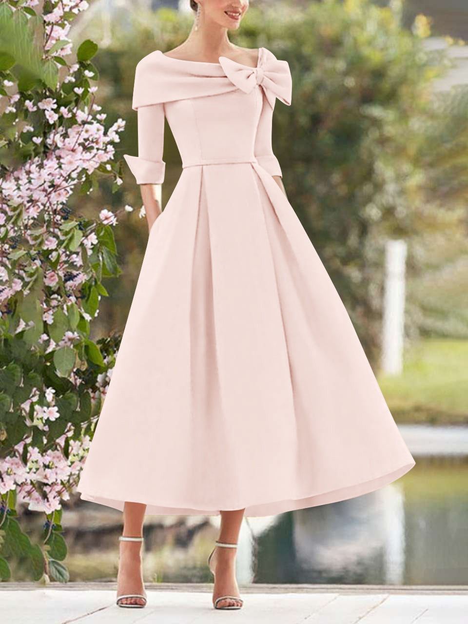 A Line Princess Cowl Neck Bow S 3 4 Sleeves Tea Length Elegant Mother Of The Bride Groom Dresses