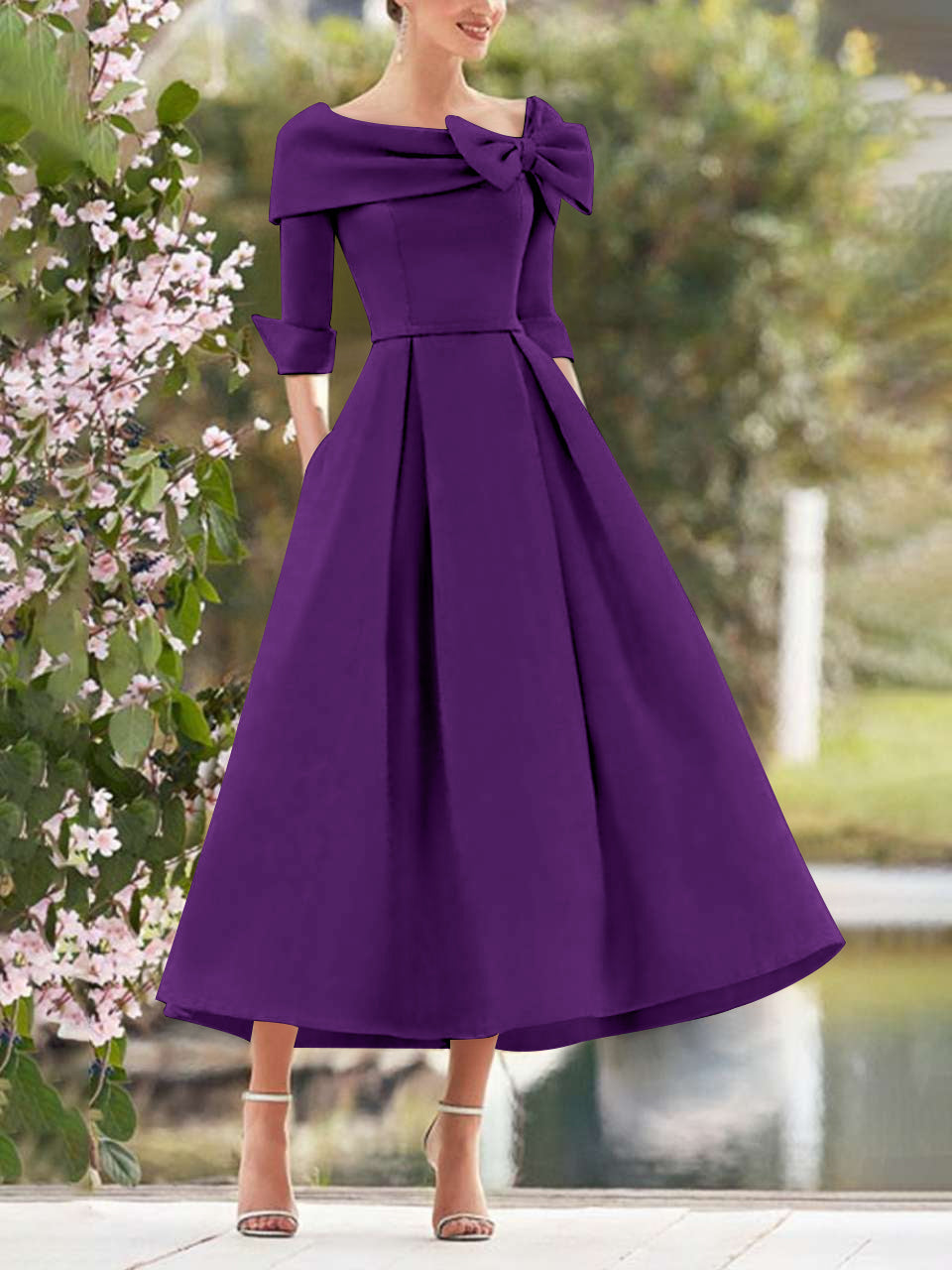A Line Princess Cowl Neck Bow S 3 4 Sleeves Tea Length Elegant Mother Of The Bride Groom Dresses