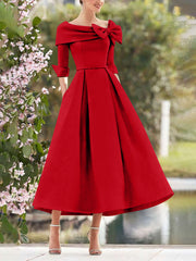 A-Line/Princess Cowl Neck Bow(s) 3/4 Sleeves Tea Length Elegant Mother of the Bride & Groom Dresses