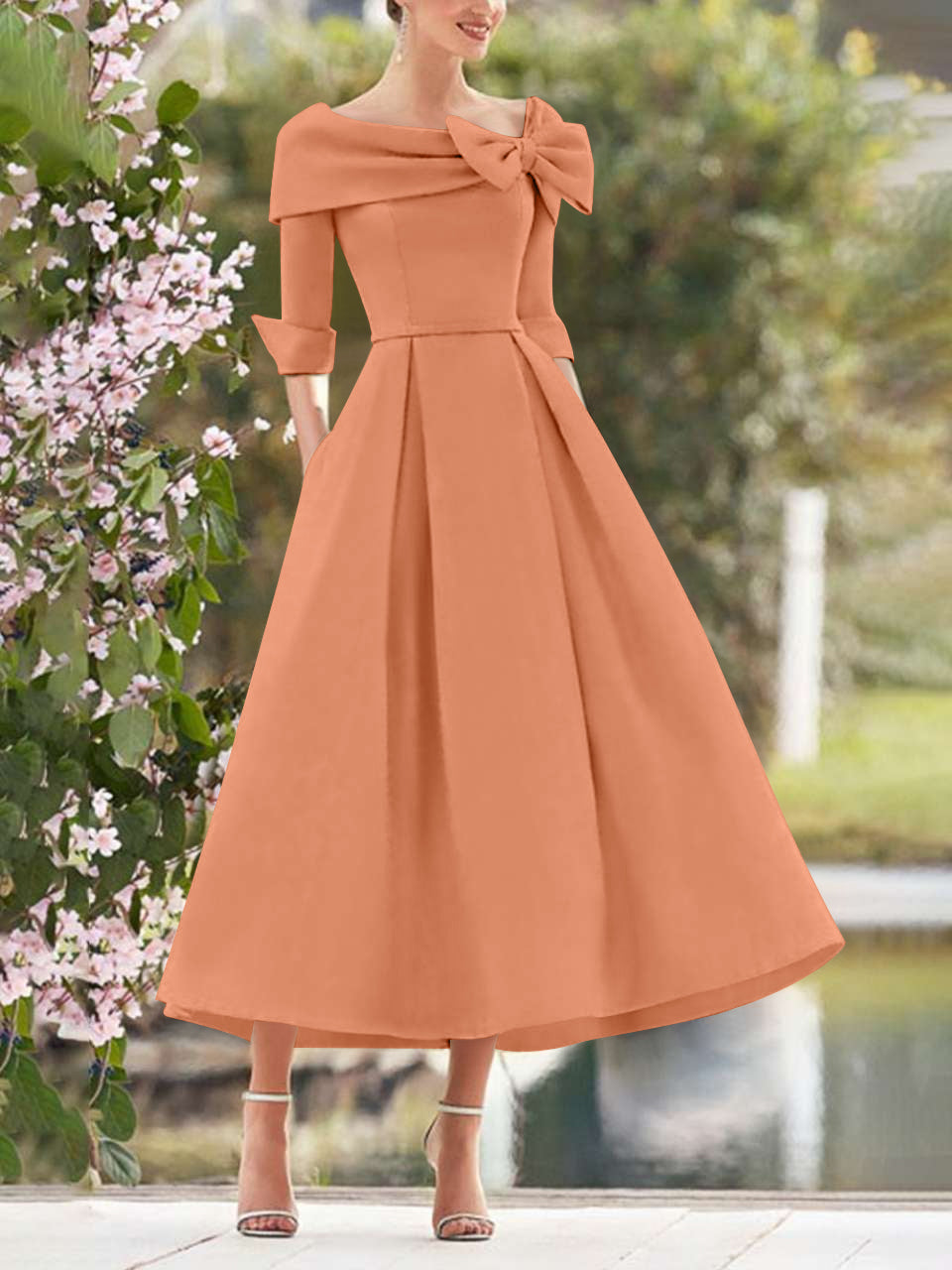 A Line Princess Cowl Neck Bow S 3 4 Sleeves Tea Length Elegant Mother Of The Bride Groom Dresses